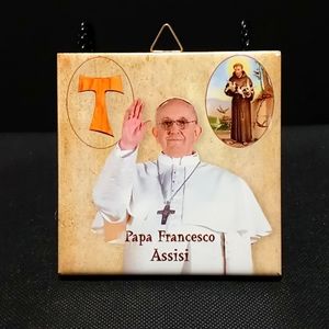 Papa Francesco Assisi Commemorative Ceramic Tile, Made in Italy